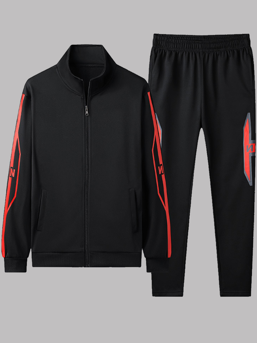 

lovely Casual Patchwork Zipper Design Black Men Two-piece Pants Set