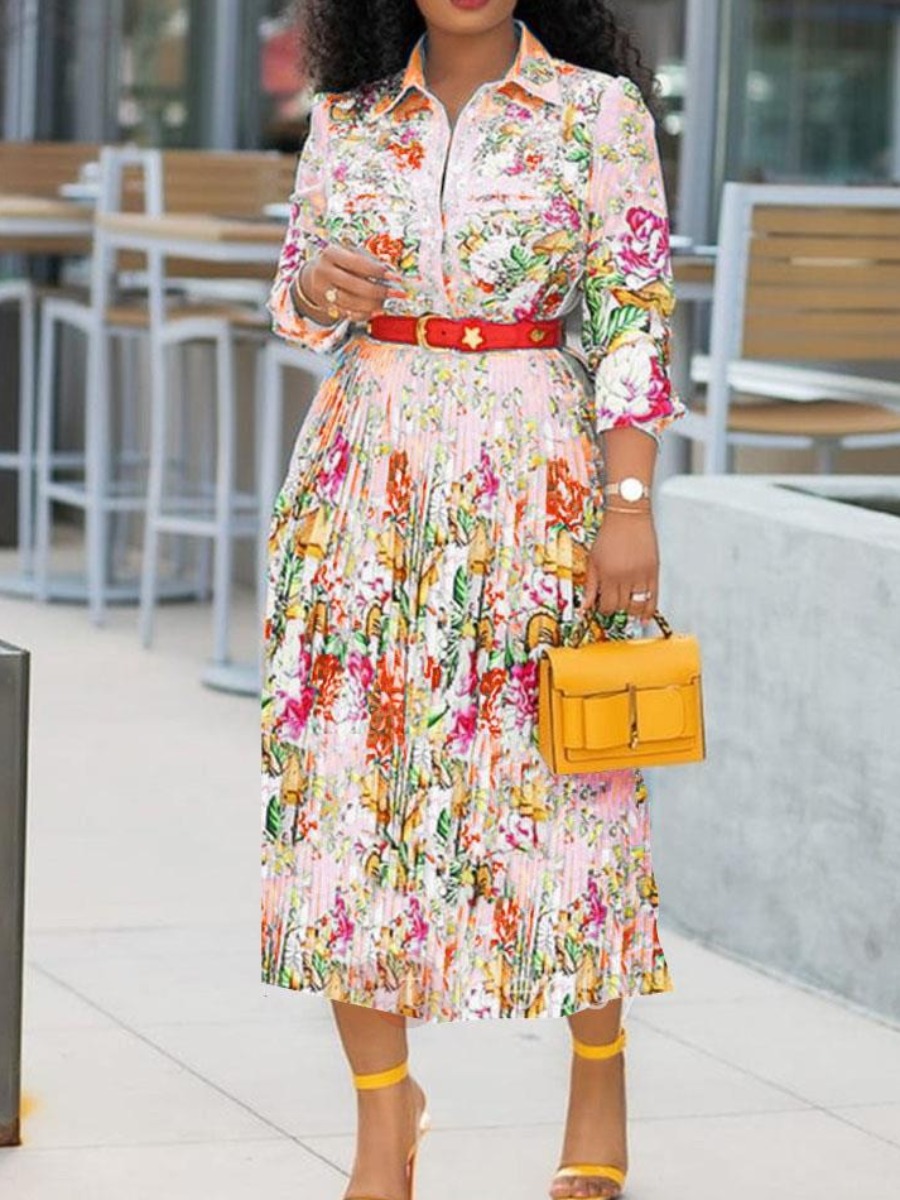 

lovely Casual Turndown Collar Print Pink Mid Calf Dress