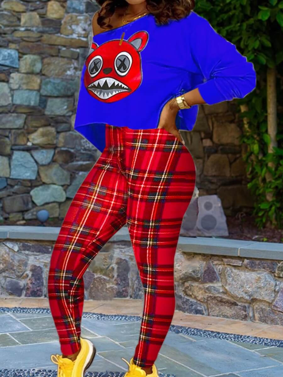 

Lovely Casual Cartoon Print Blue Two Piece Pants Set