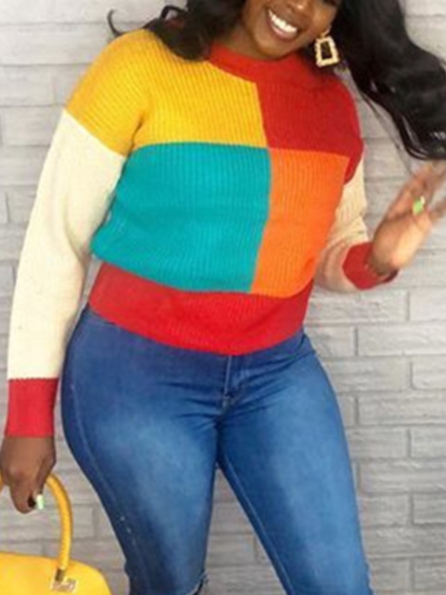 

lovely Casual O Neck Color-lump Patchwork Red Sweater