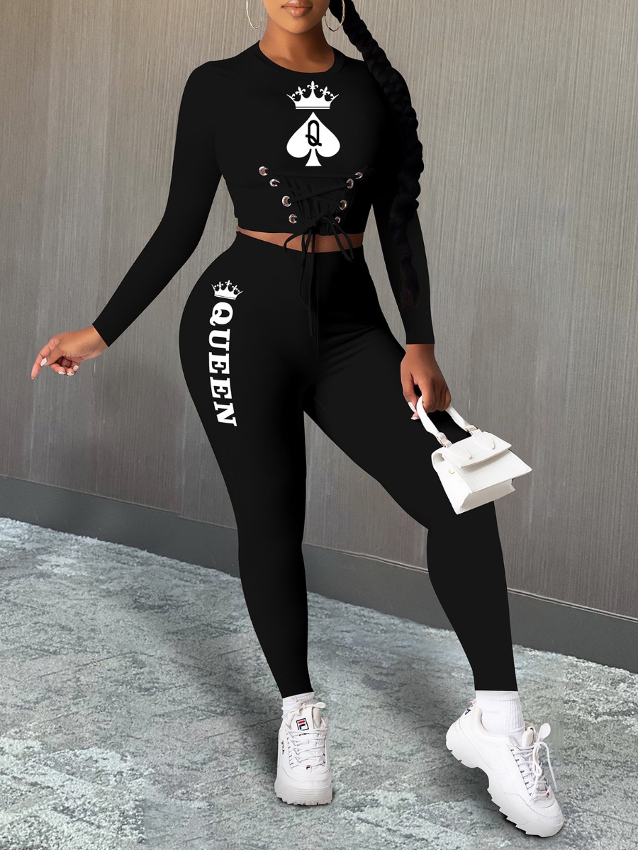 

Lovely Street O Neck Print Black Two Piece Pants Set