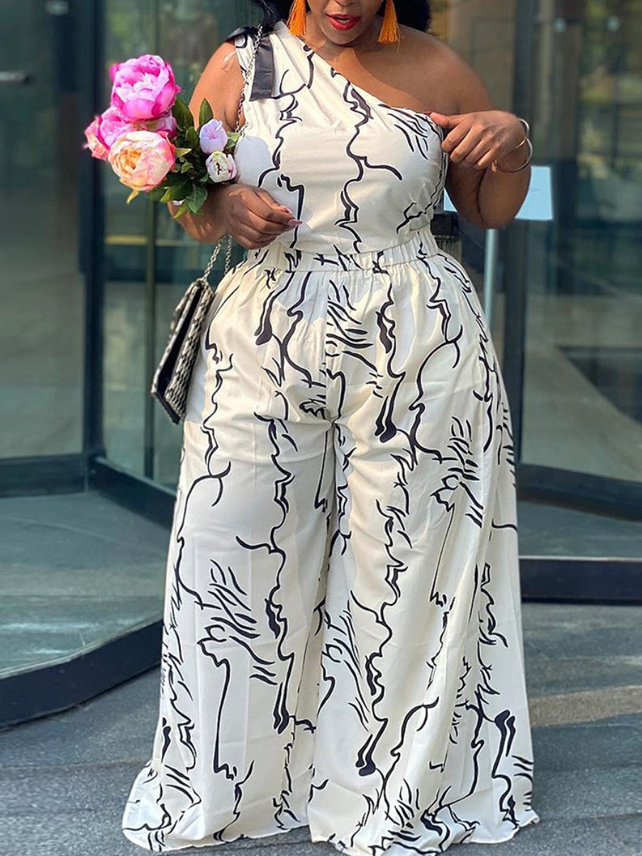 

lovely Casual One Shoulder Print Black And White Plus Size Two-piece Pants Set