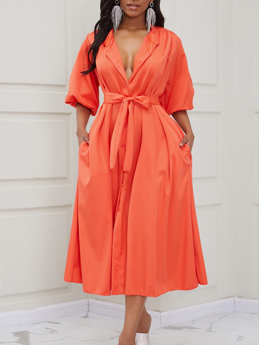 

lovely Trendy Turndown Collar Loose Jacinth Mid Calf Dress