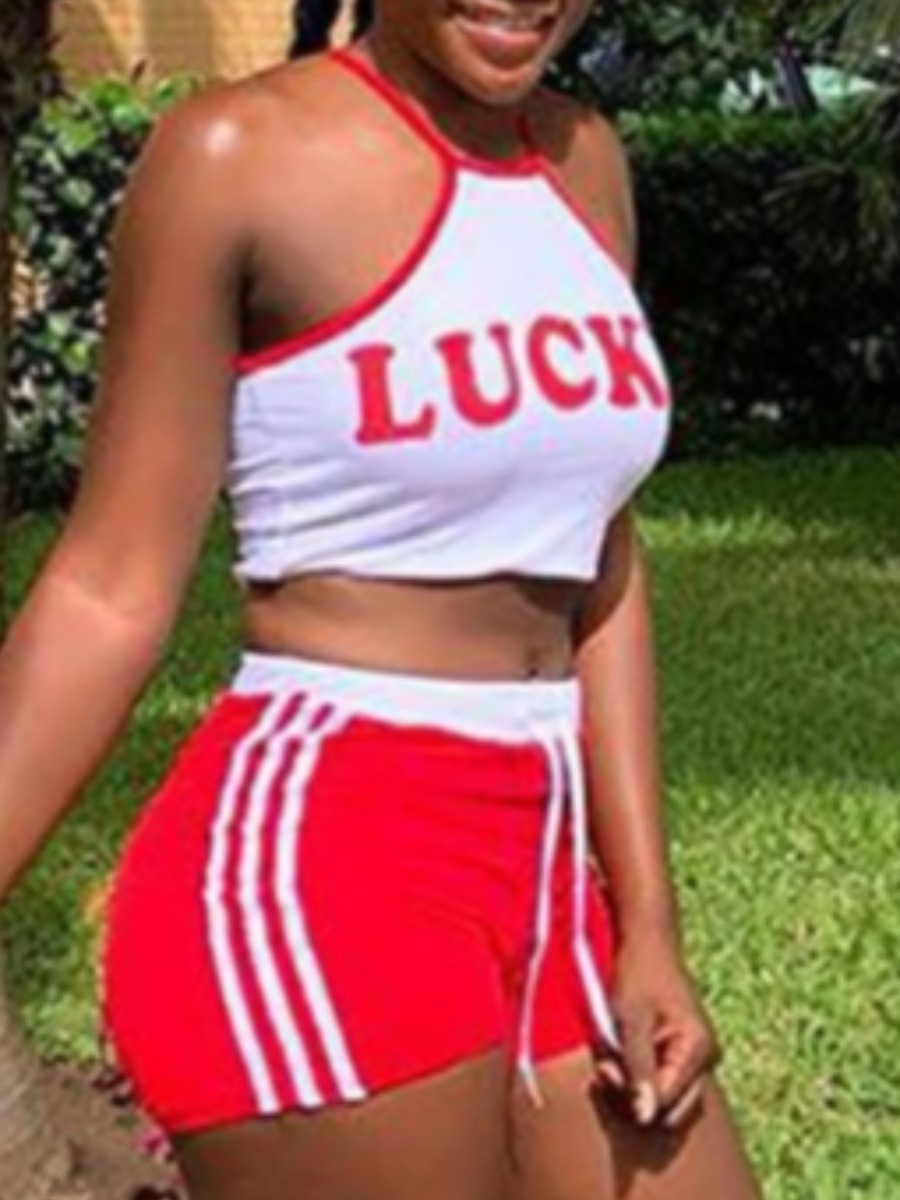 

lovely Sportswear Letter Print Patchwork Red Two Piece Shorts Set