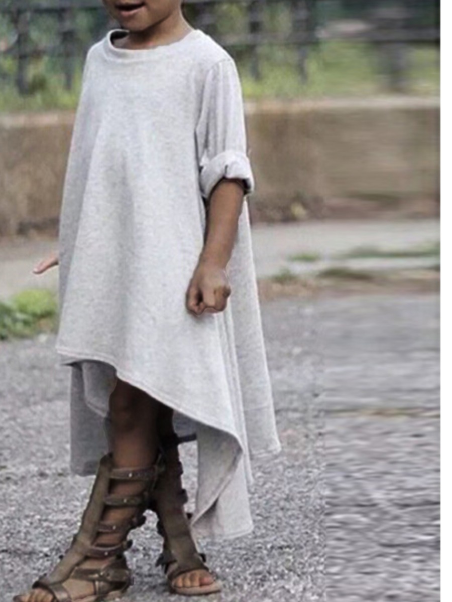 

lovely Casual O Neck Asymmetrical Grey Girl Knee Length Dress