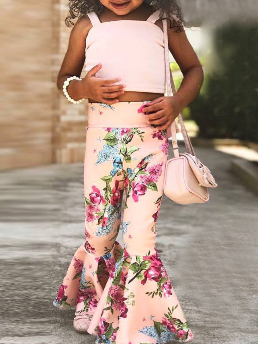

lovely Trendy Plants Print Pink Girl Two-piece Pants Set