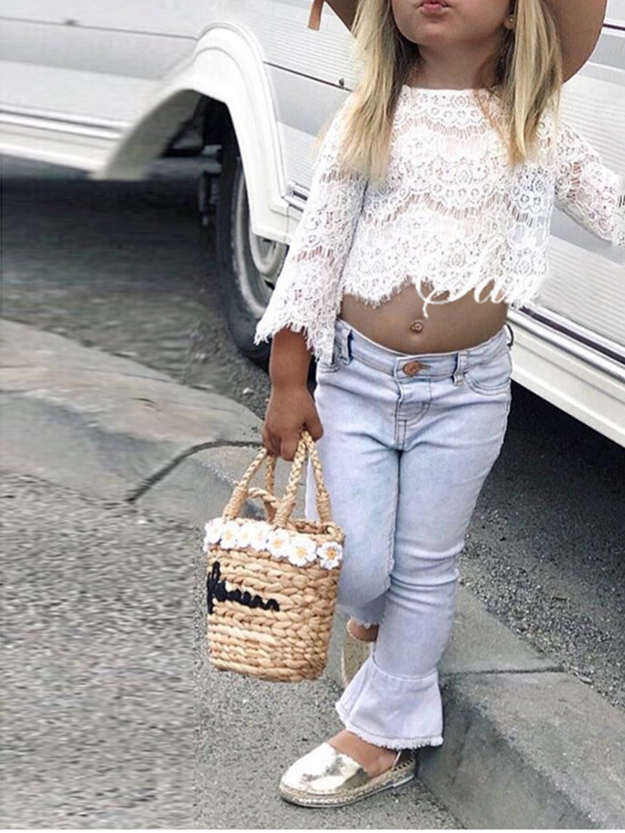 

lovely Trendy O Neck Lace White Girl Two-piece Pants Set