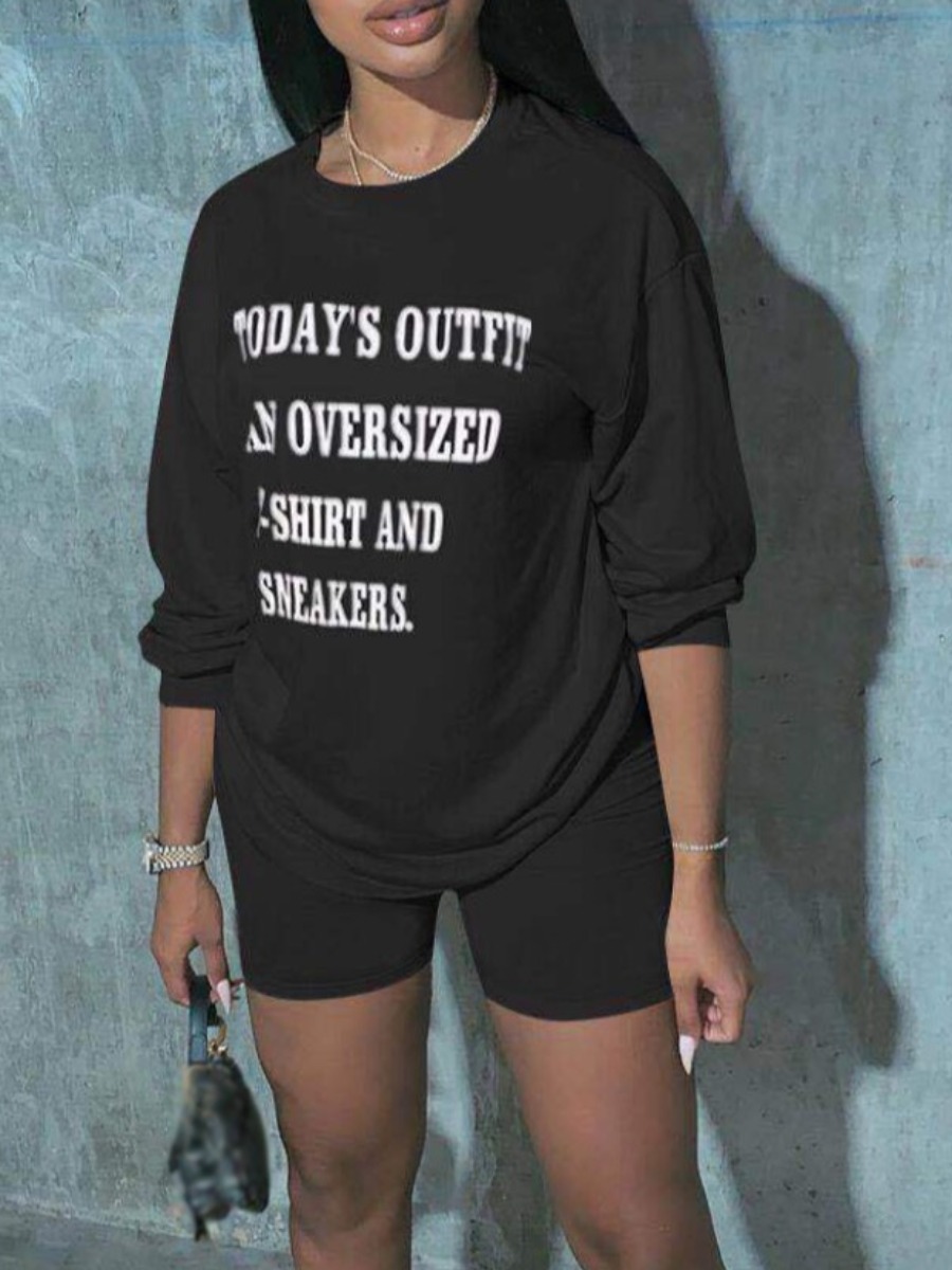 

Lovely Leisure O Neck Letter Print Black Two Piece Shorts Set