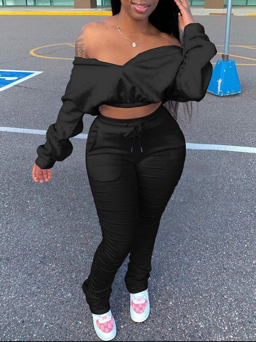 

Lovely Trendy Dew Shoulder Fold Design Black Plus Size Two-piece Pants Set