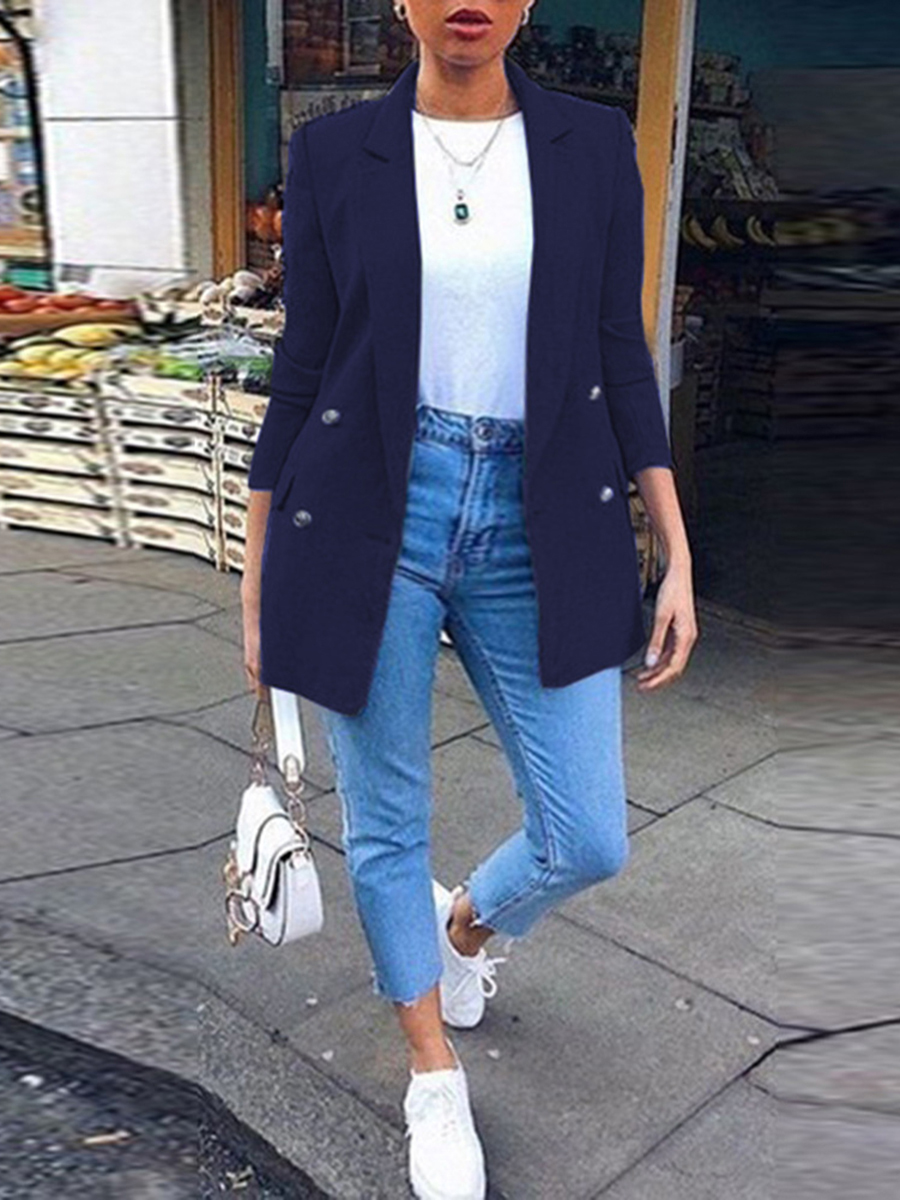 

lovely Trendy Turndown Collar Buttons Design Dark Blue Plus Size Coat