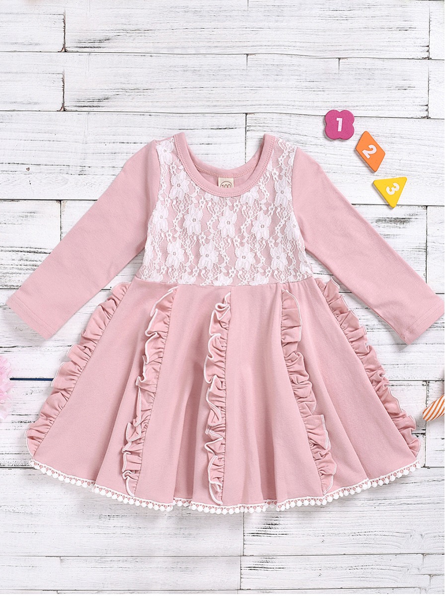 

lovely Sweet O Neck Lace Patchwork Pink Girl Knee Length Dress