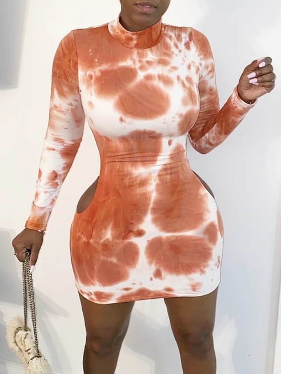 lovely Trendy O Neck Tie-dye Orange Mini Dress
