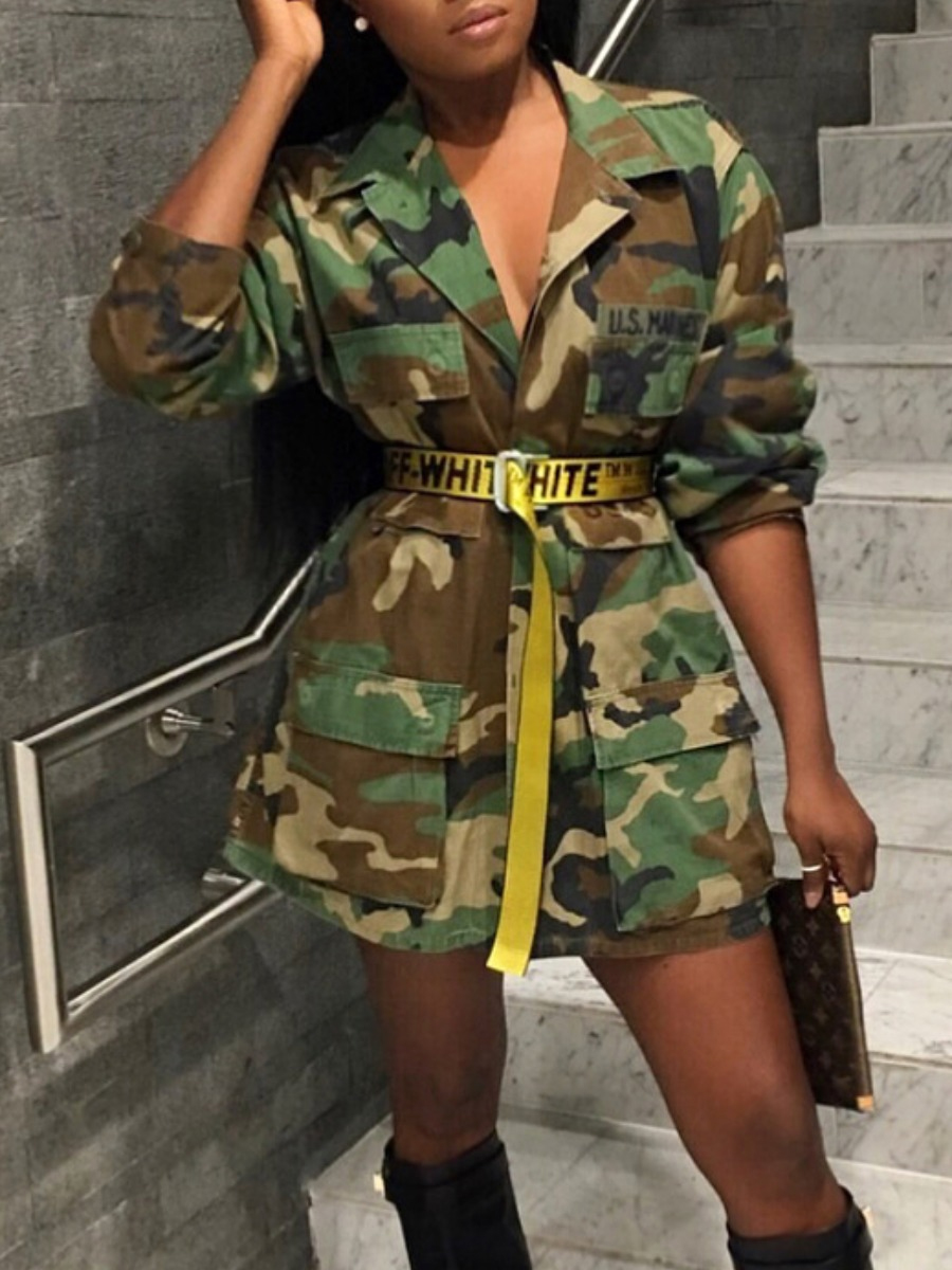 

lovely Street Turndown Collar Camo Print Army Green Denim Jacket