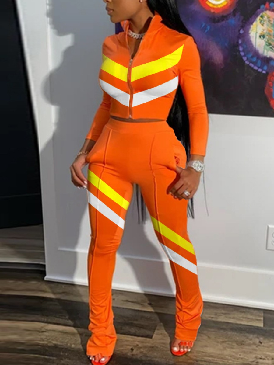 

lovely Sportswear Zipper Design Patchwork Croci Two Piece Pants Set