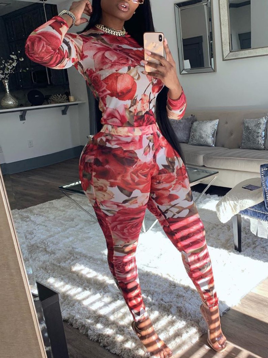 

lovely Street O Neck Floral Print Red Plus Size Two-piece Pants Set