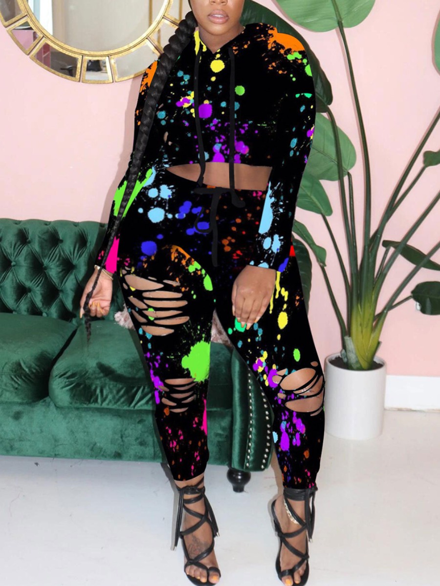

lovely Leisure Hooded Collar Print Black Plus Size Two-piece Pants Set