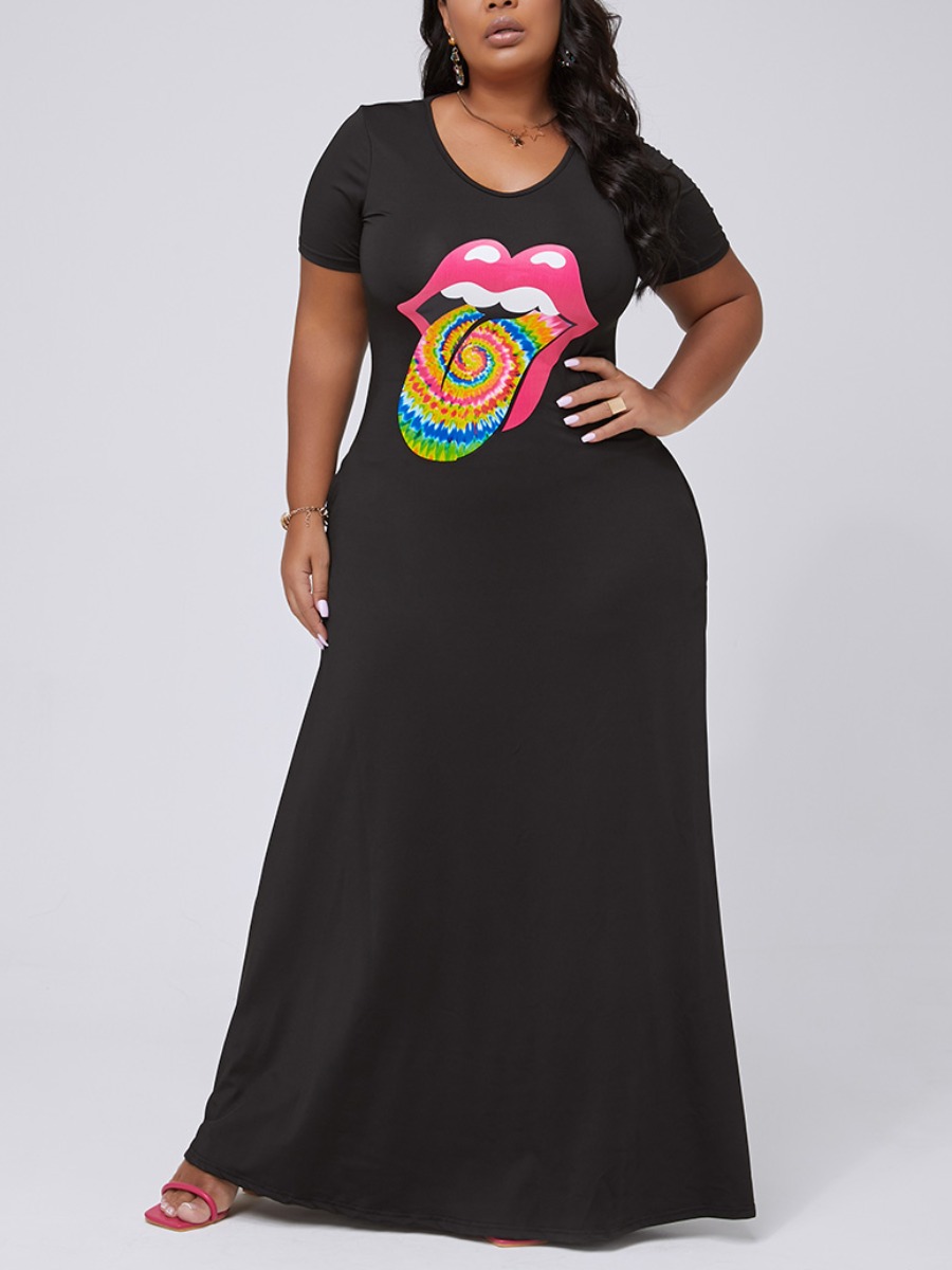 

lovely Leisure V Neck Lip Print Black Maxi Plus Size Dress