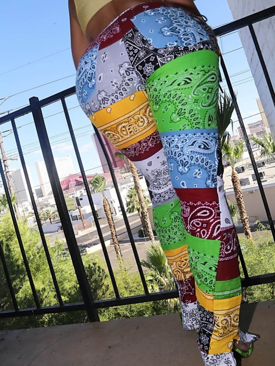 

LW Plus Size Print Color-lump Patchwork Pants, Blue