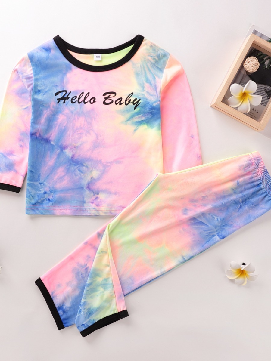 

lovely Casual O Neck Tie-dye Multicolor Girl Two-piece Pants Set, Multi