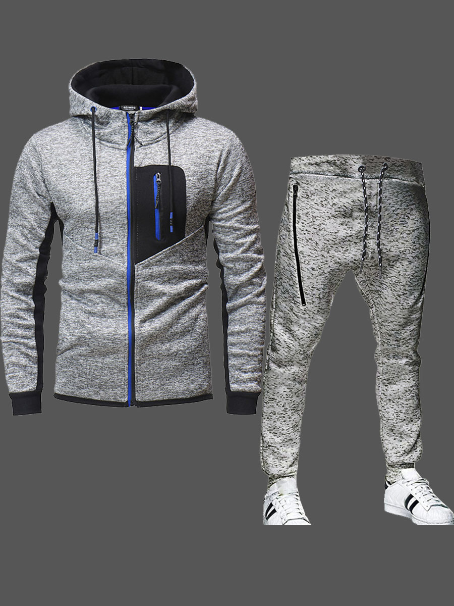 

lovely Sportswear Hooded Collar Zipper Design Patchwork Grey Men Two-piece Pants Set