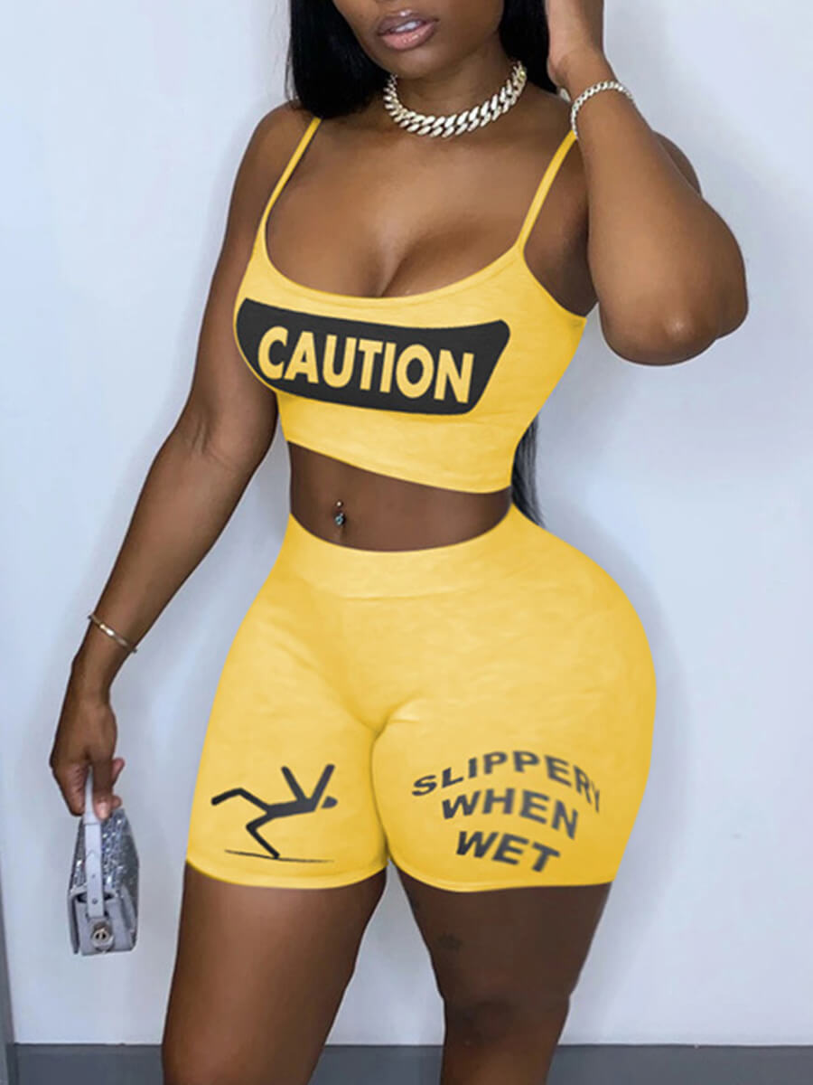 LW Sportswear Spaghetti Strap Letter Print Yellow Two Piece Shorts Set