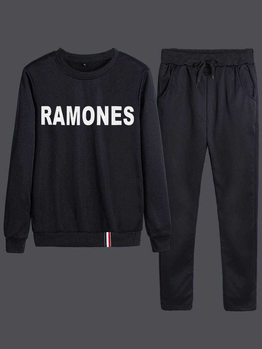 

lovely Leisure O Neck Letter Print Black Men Two-piece Pants Set