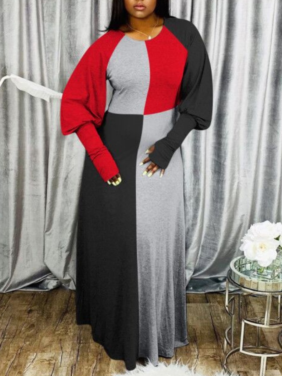 

lovely Casual O Neck Color-lump Patchwork Red Maxi Dress