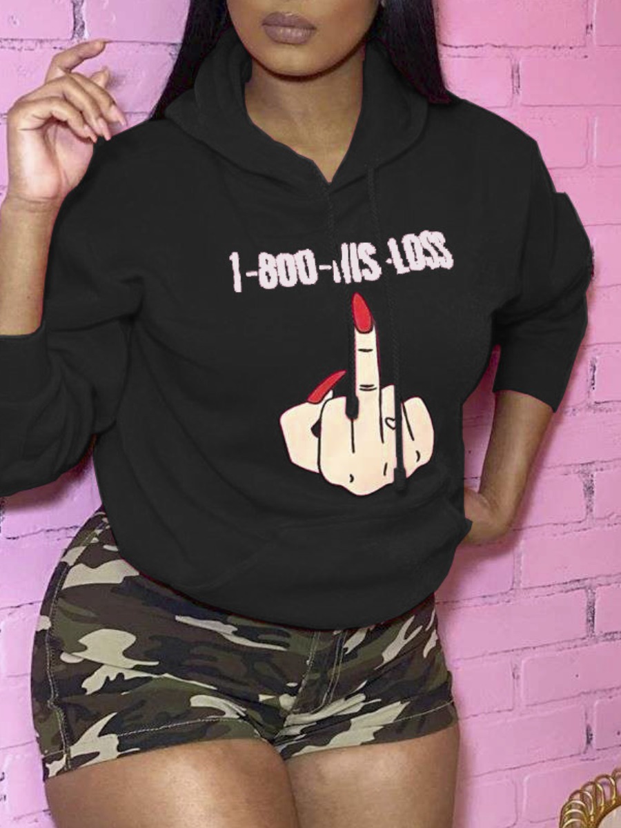 

lovely Leisure Hooded Collar Print Black Hoodie