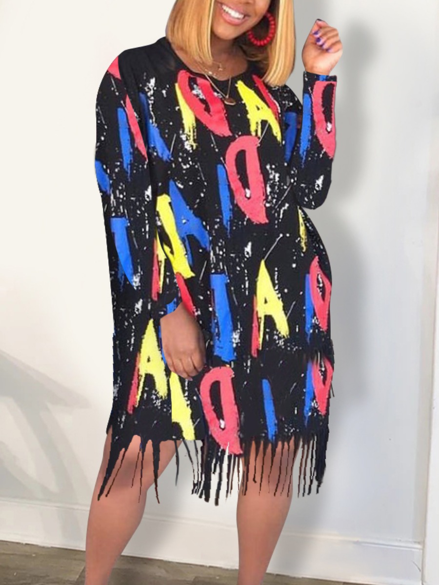 

lovely Sexy O Neck Letter Print Black Knee Length Dress