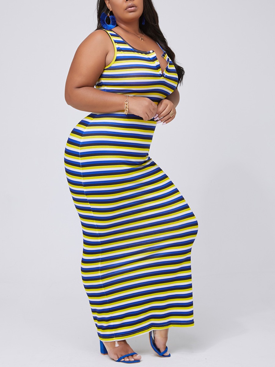 

lovely Sexy Striped Blue Ankle Length Plus Size Dress