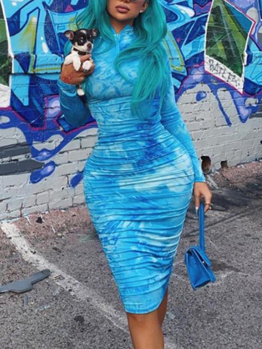 

lovely Stylish Half A Turtleneck Tie-dye Skinny Blue Knee Length Dress
