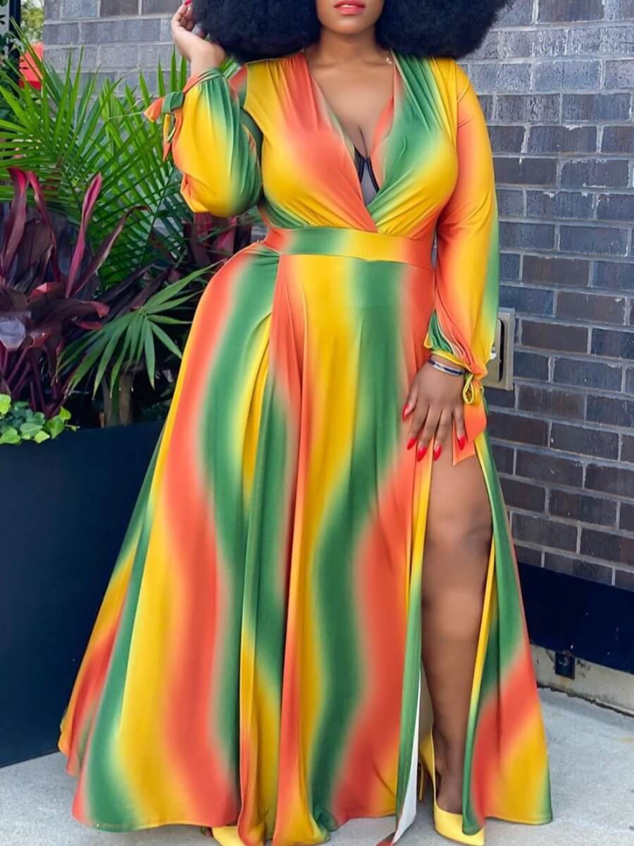 

Lovely Plus Size Bohemian V Neck Tie-dye Croci Maxi Dress