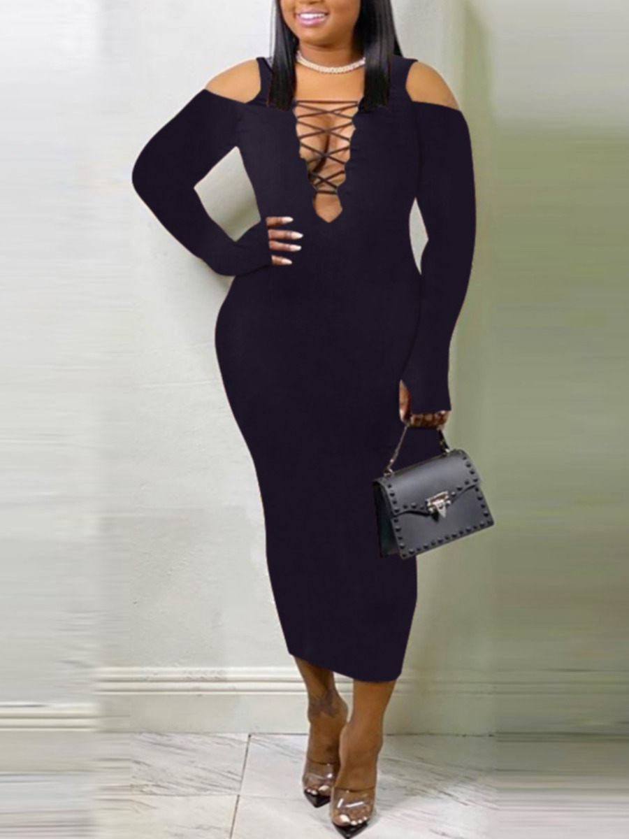 

lovely Stylish Hollow-out Bandage Design Black Mid Calf Dress