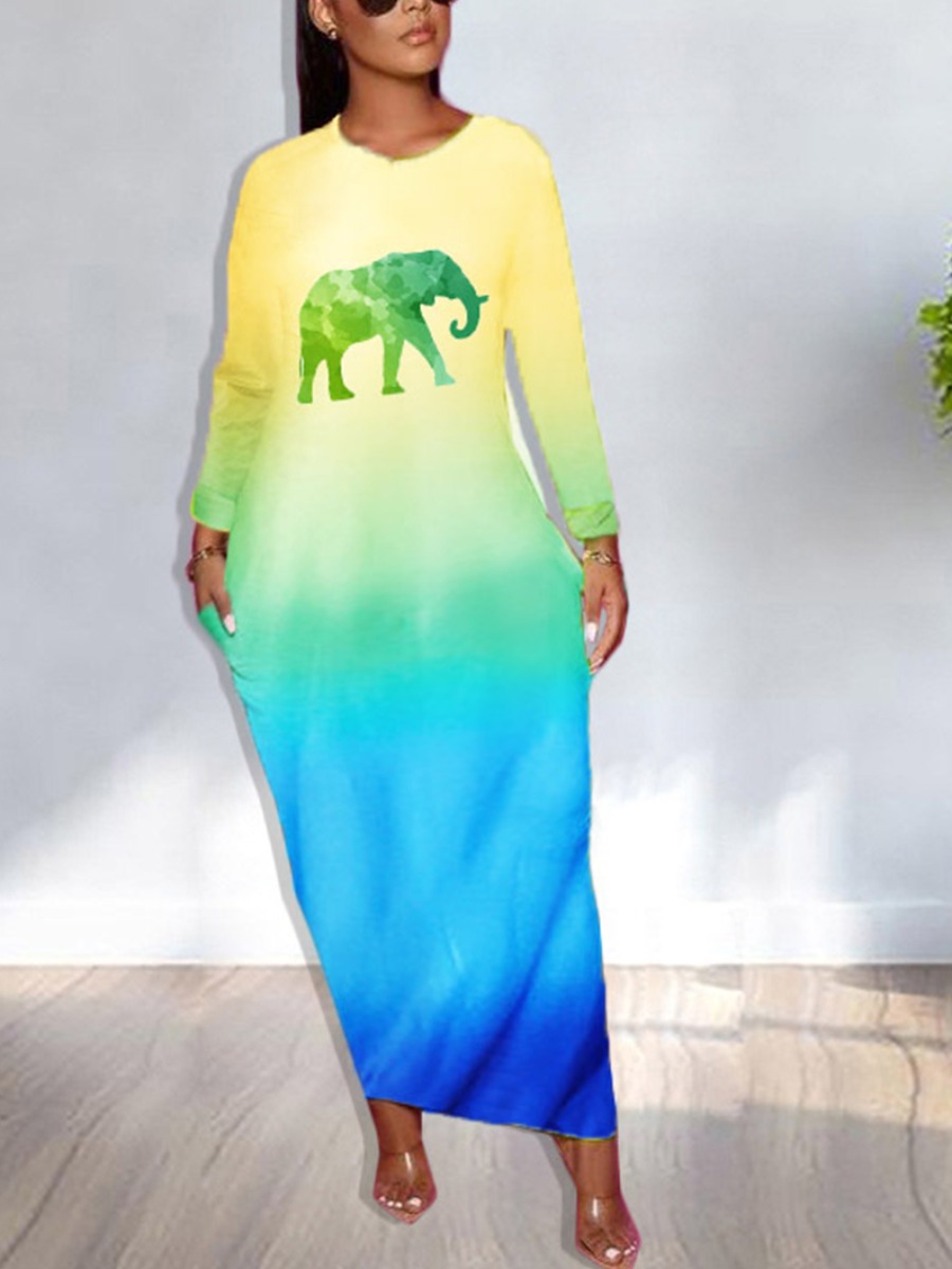 

lovely Casual O Neck Gradient Print Yellow Ankle Length Plus Size Dress