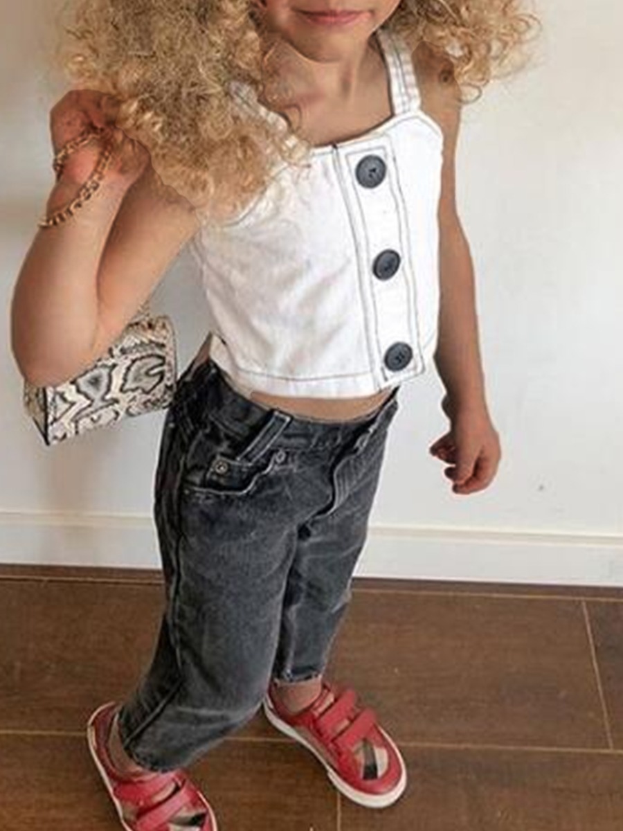 

lovely Trendy Single Breasted White Girl Two-piece Pants Set