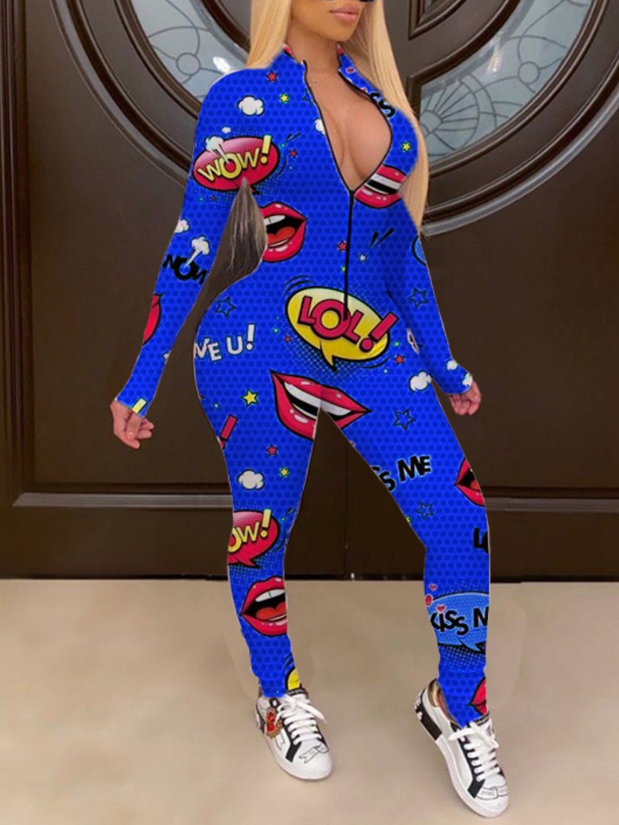 

lovely Trendy Lip Print Zipper Design Blue One-piece Jumpsuit