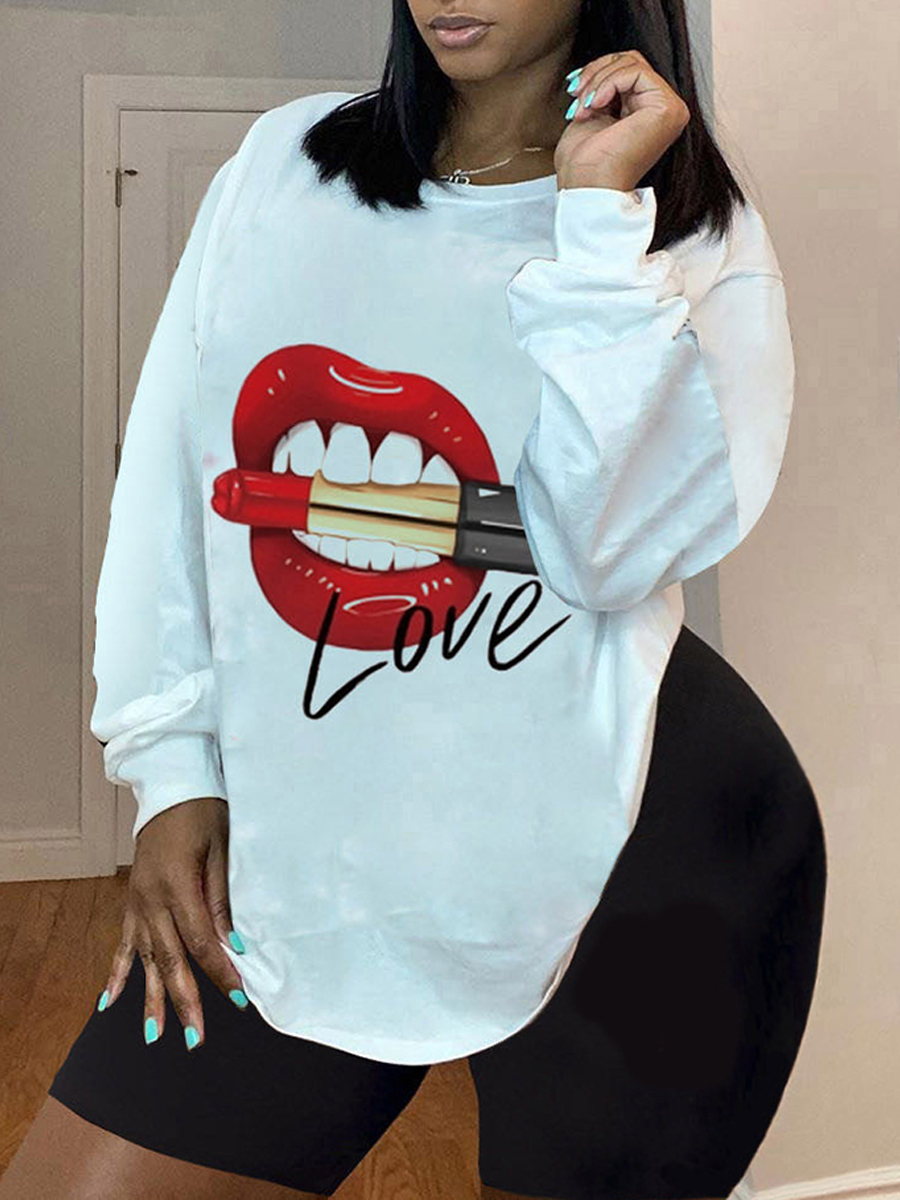 

Lovely Casual O Neck Lip Print White Plus Size Hoodie