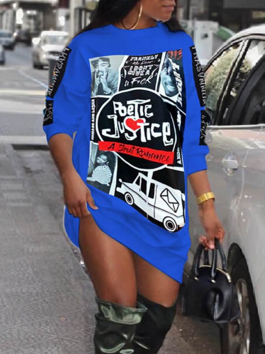 

Lovely Street O Neck Print Blue Knee Length Dress