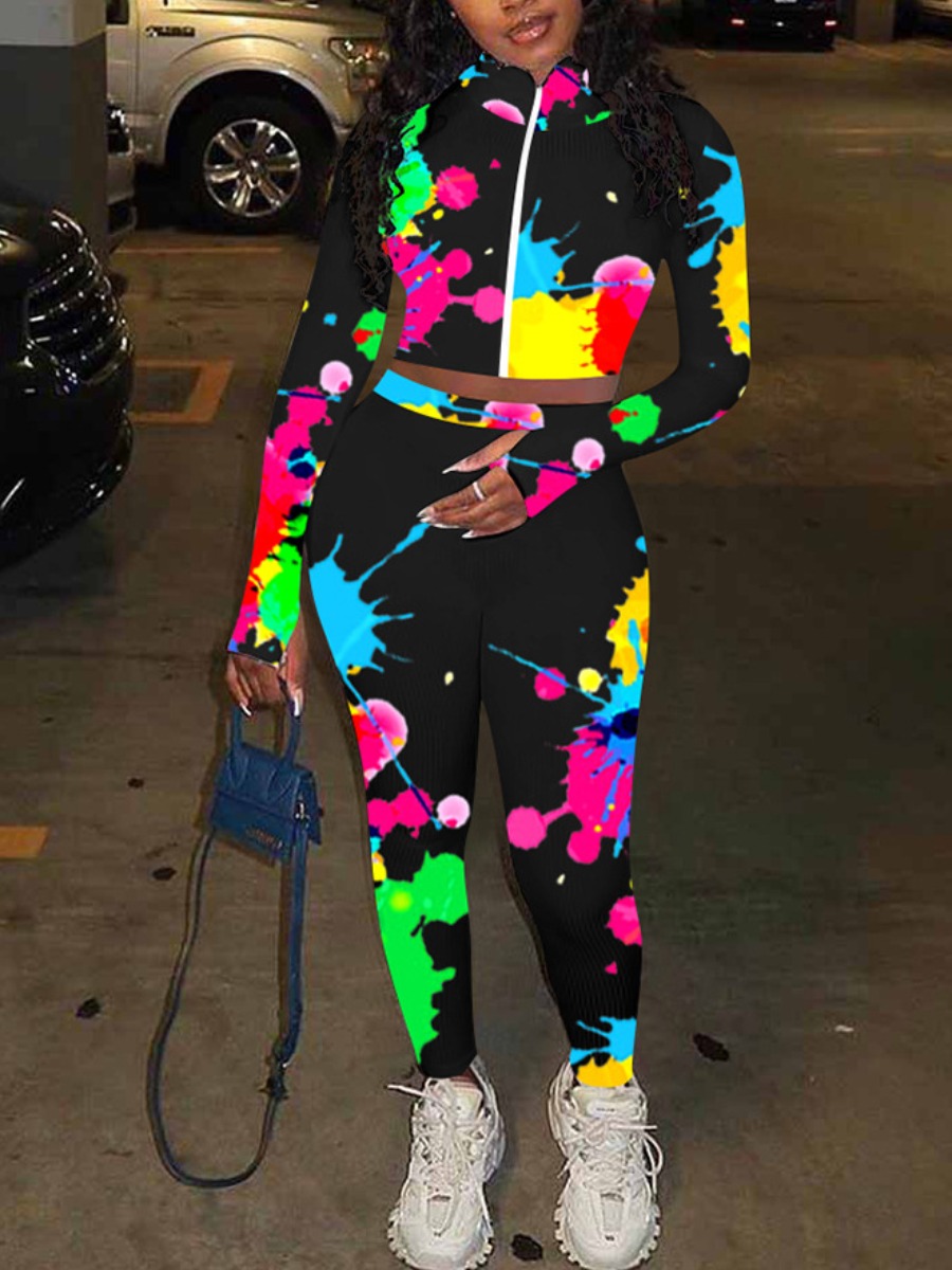 

lovely Casual Zipper Design Graffiti Print Black Two Piece Pants Set