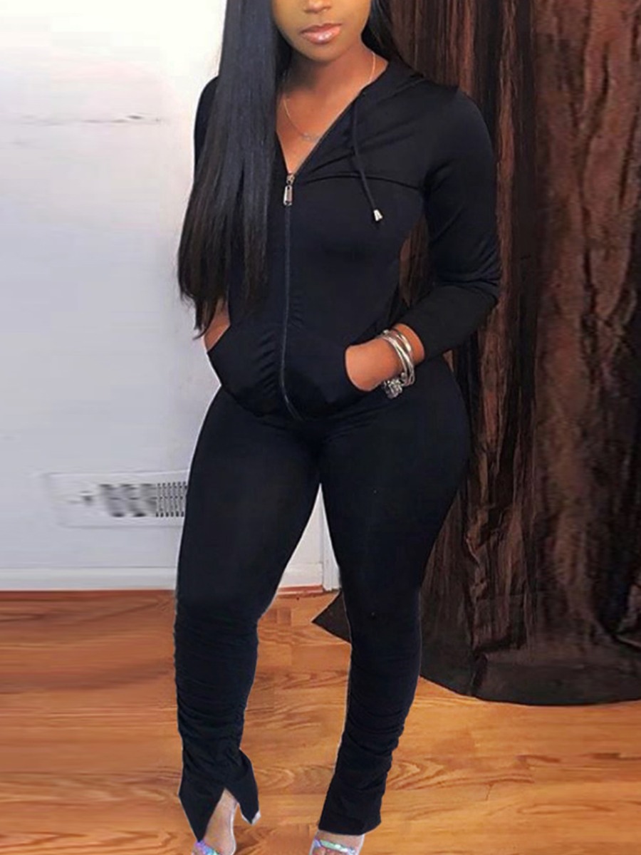 

lovely Casual Hooded Collar Zipper Design Black Two Piece Pants Set