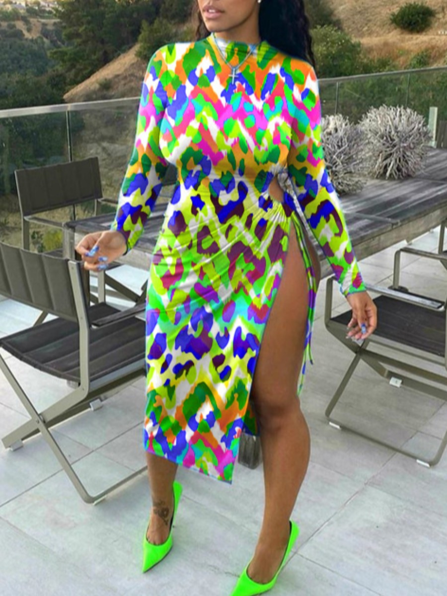 

lovely Trendy Print Side High Slit Green Mid Calf Dress