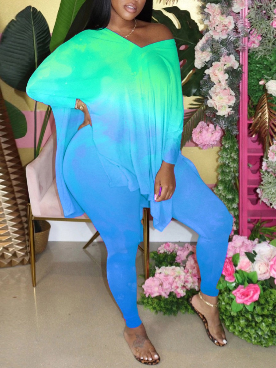 

LW Plus Size V Neck Tie-dye Side Slit Pants Set, Green