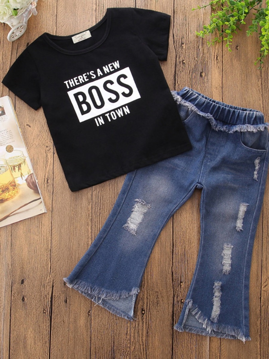 

lovely Casual O Neck Letter Print Black Girl Two-piece Pants Set