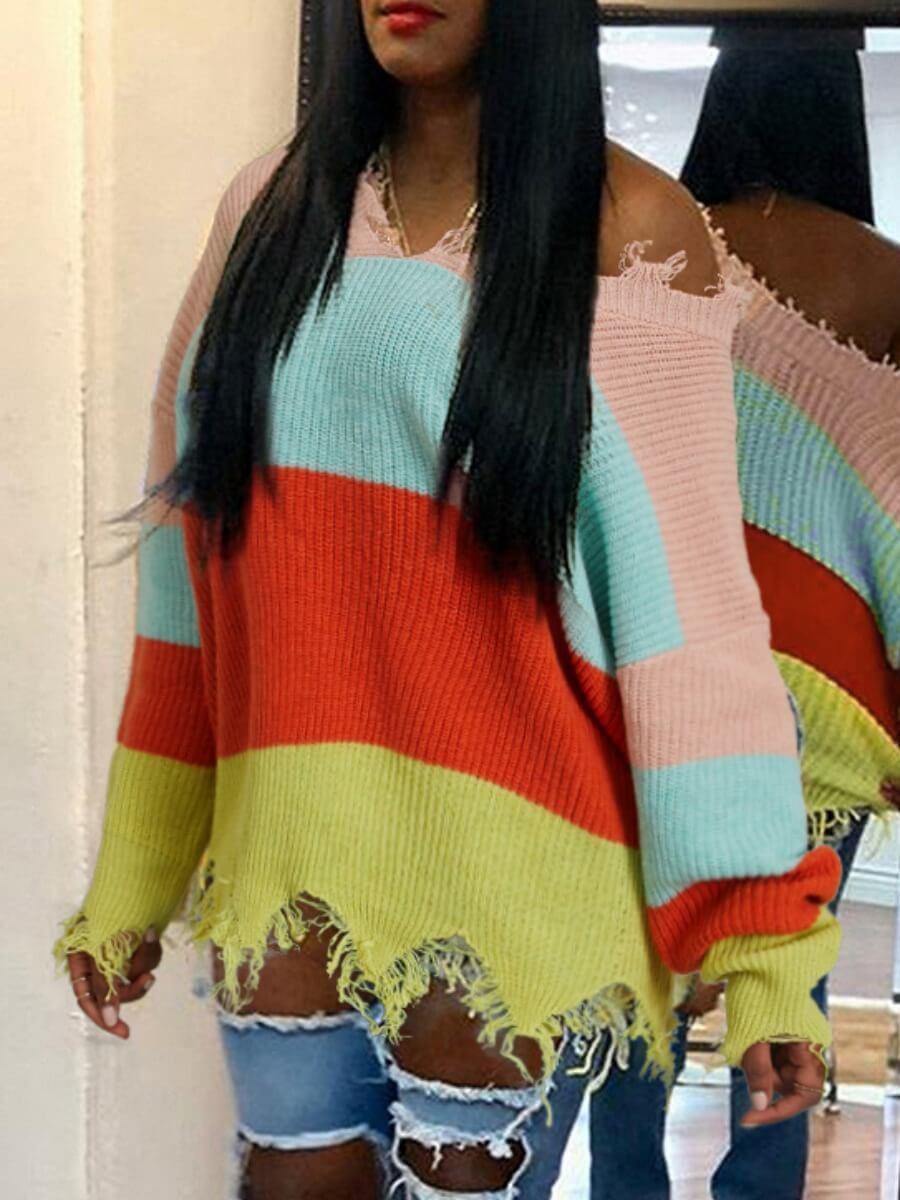 

Lovely Chic V Neck Striped Multicolor Sweater, Multicolor mstn