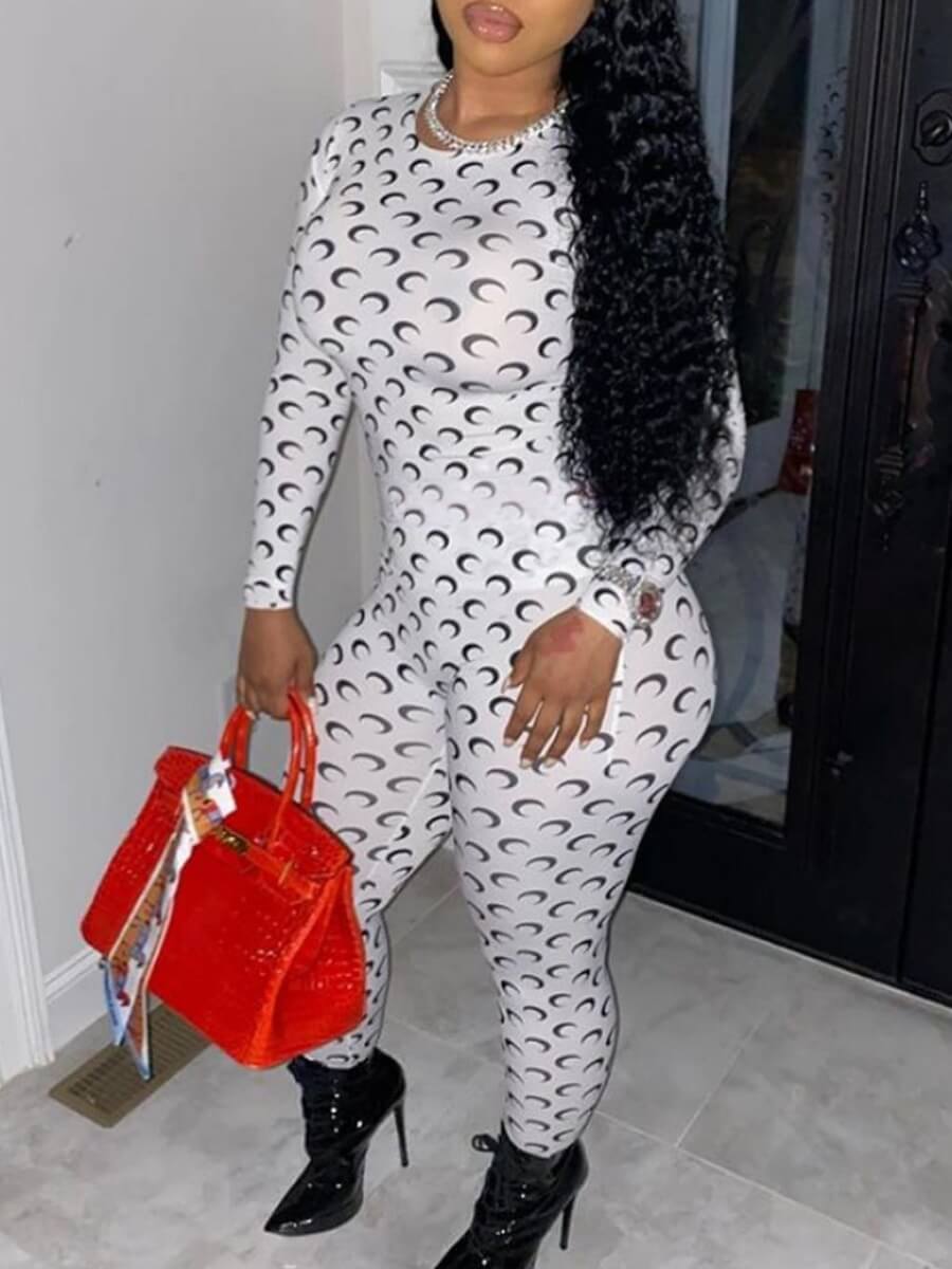 

lovely Sportswear O Neck Moon Print White One-piece Jumpsuit