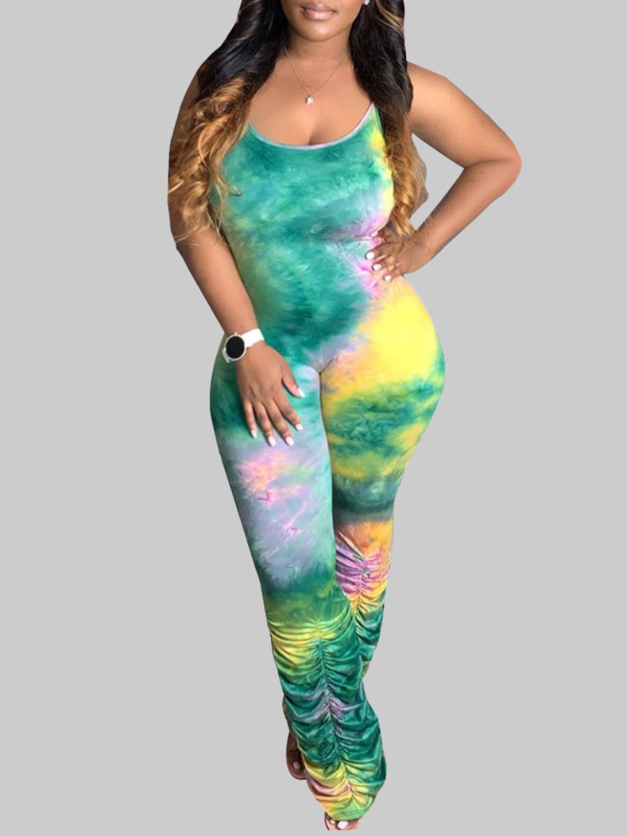 

lovely Trendy Spaghetti Strap Tie-dye Green One-piece Jumpsuit