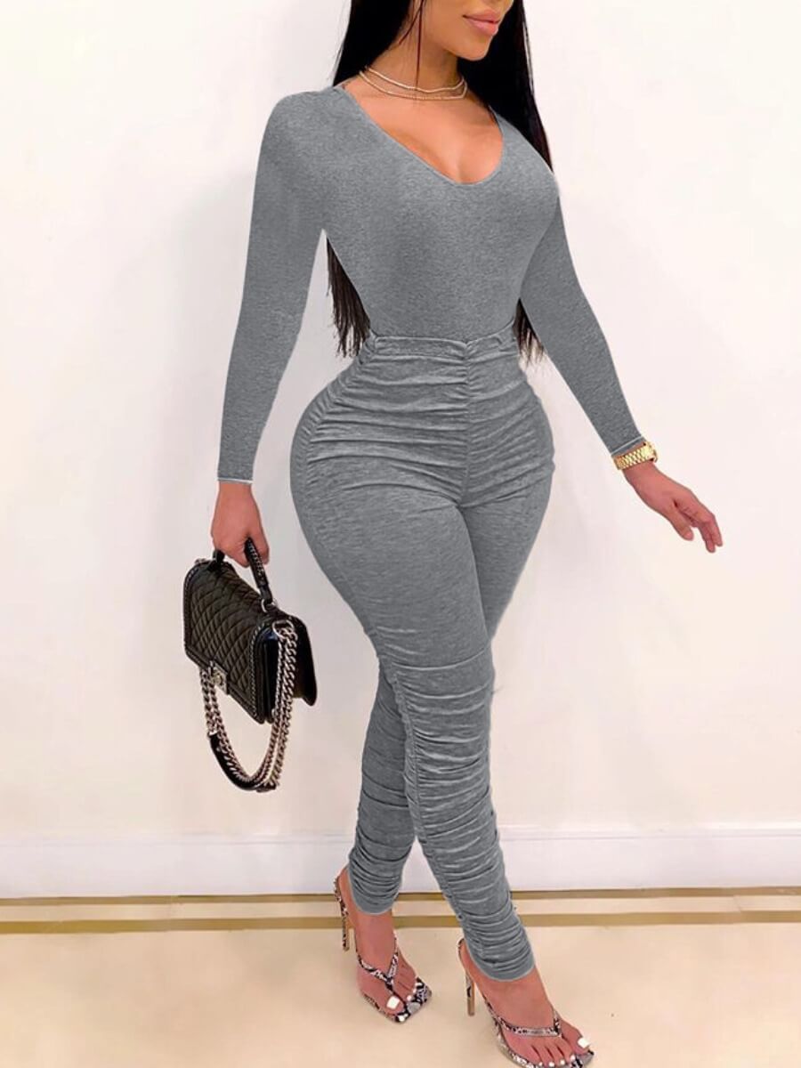 

lovely Sportswear U Neck Fold Design Skinny Grey One-piece Jumpsuit