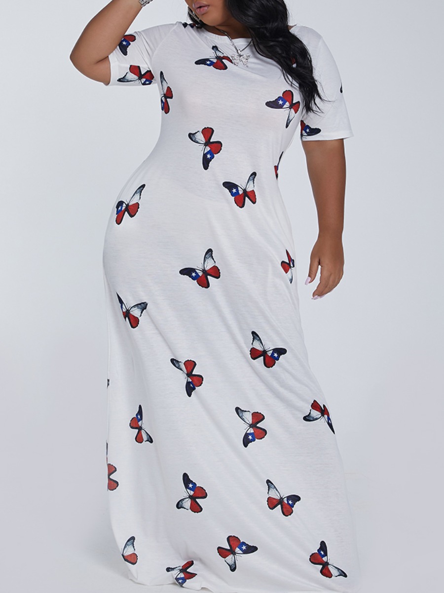 

lovely Casual O Neck Butterfly Print White Maxi Plus Size Dress