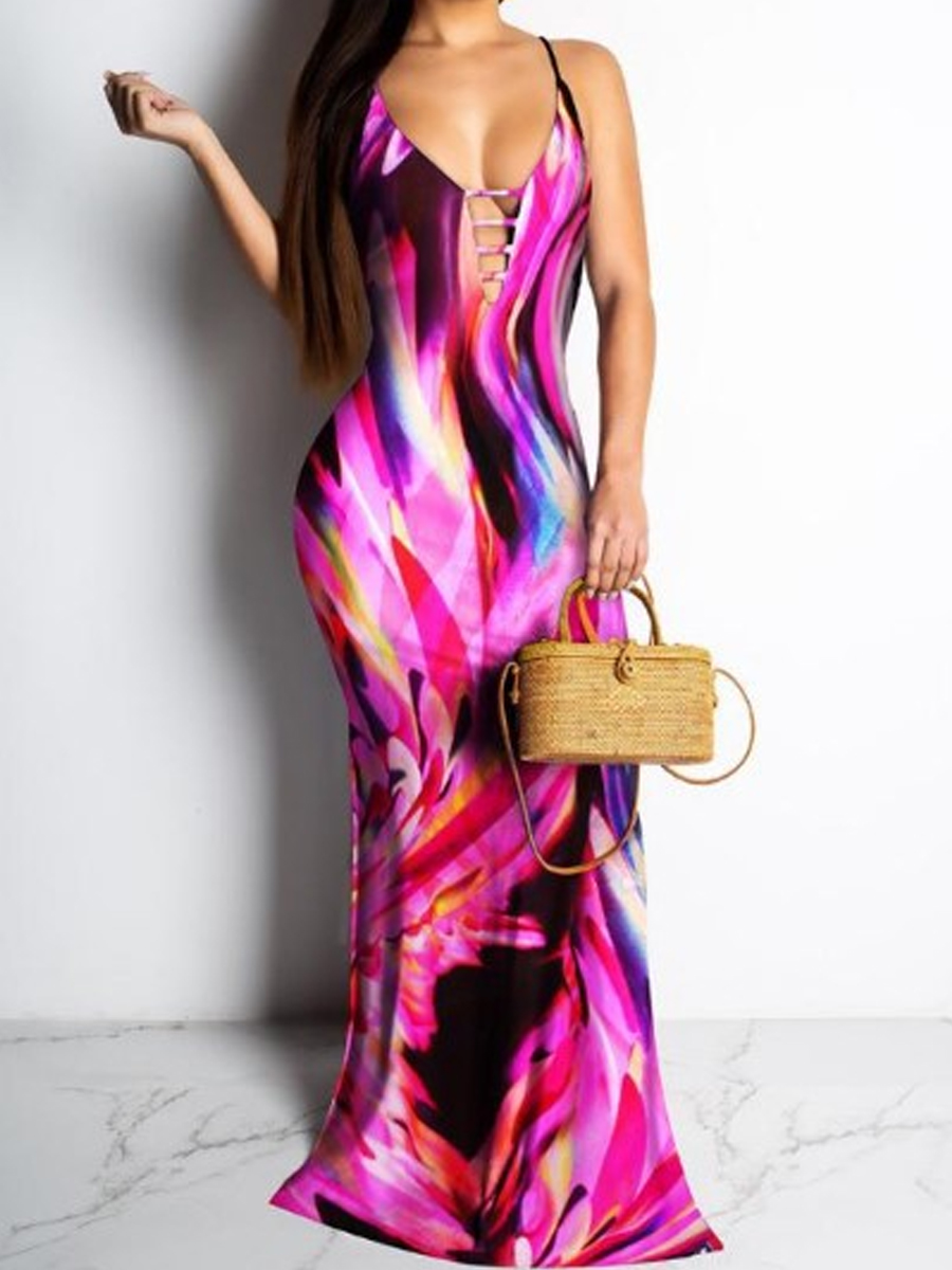 

lovely Bohemian Spaghetti Strap Tie-dye Red Maxi Plus Size Dress