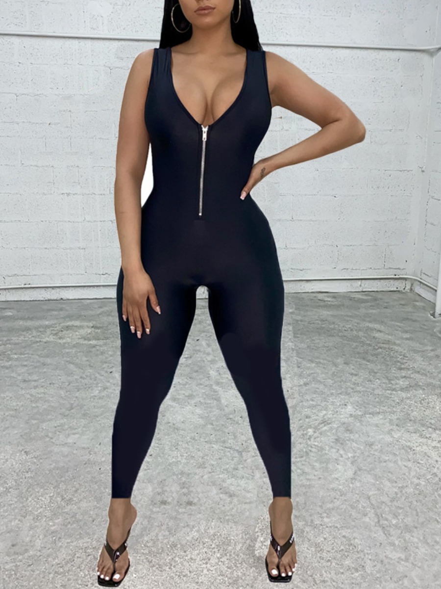 

lovely Sportswear Zipper Design Black One-piece Jumpsuit